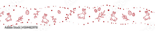Vector. Cute hand drawn Easter horizontal background with bunnies, easter eggs. Festive background with Easter linear symbols. Copy space for text. Design cards, banners and other promotional items.