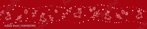 Vector. Cute hand drawn Easter horizontal background with bunnies, easter eggs. Festive background with Easter linear symbols. Copy space for text. Design cards, banners and other promotional items.