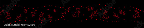 Vector. Cute hand drawn Easter horizontal background with bunnies, easter eggs. Festive background with Easter linear symbols. Copy space for text. Design cards, banners and other promotional items.