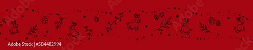 Vector. Cute hand drawn Easter horizontal background with bunnies, easter eggs. Festive background with Easter linear symbols. Copy space for text. Design cards, banners and other promotional items.