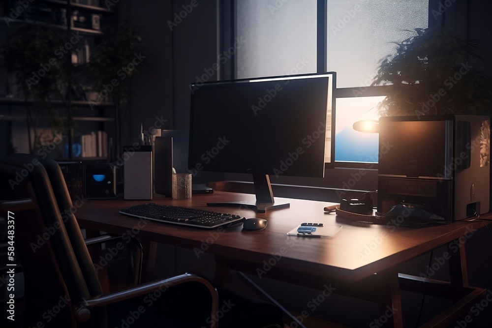 laptop on desktop, interior with desk, office chair desktop 3d illustration, lamp and papers