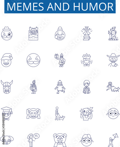 Memes and humor line icons signs set. Design collection of Memes, Humor, Comedy, Laughs, Jokes, Pranks, Quips, Comedy outline concept vector illustrations