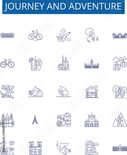 Journey and adventure line icons signs set. Design collection of Voyage, Expedition, Trek, Traverse, Roam, Expeditionary, Tour, Exploration outline concept vector illustrations