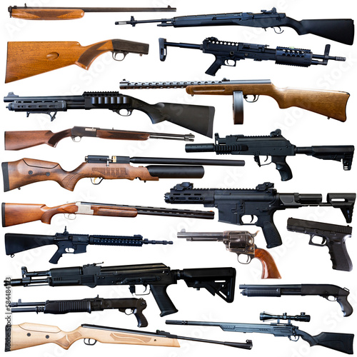 Many types of firearm cutouts isolated over white background.