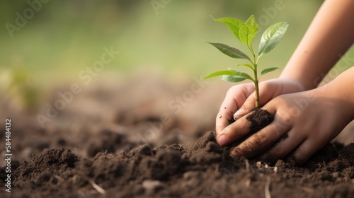 Close up Kid hand planting young tree on black soil. Generative AI.
