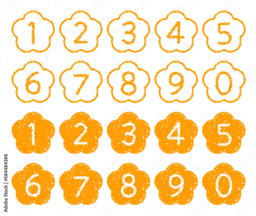 手描きのクレヨン素材 花の形の数字アイコンセット 手描きのクレヨン素材 花の形の数字アイコンセット
