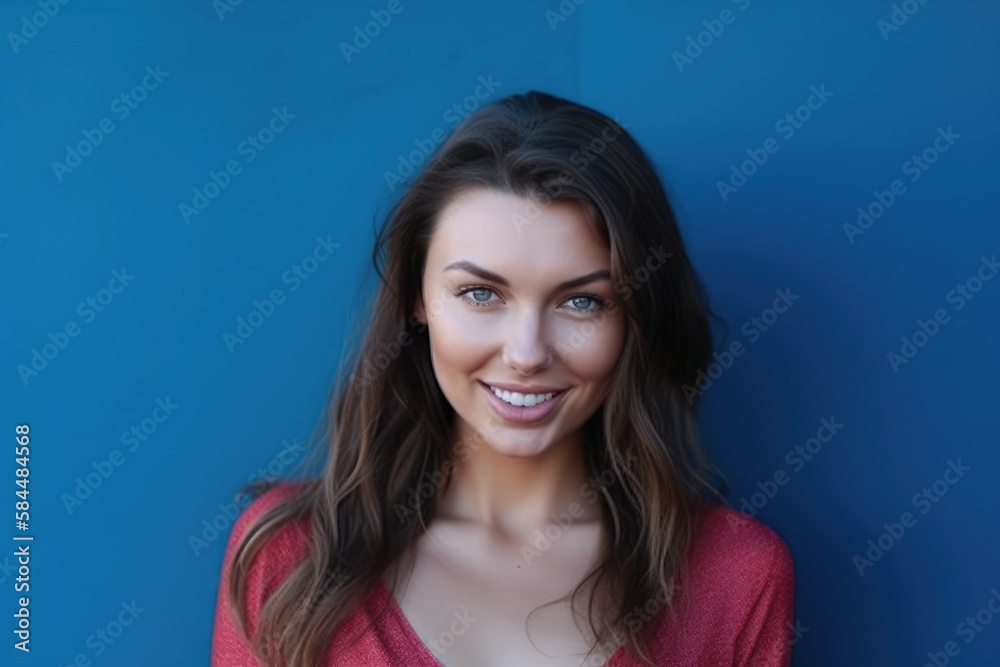 Beautiful woman brunette beauty close-up portrait on blue  background. Generative AI