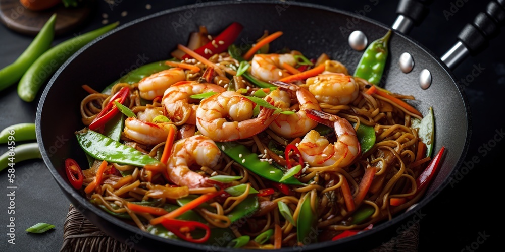 Stir fry noodles with vegetables and shrimps in black iron pan, dark background. Close up. Generative AI Stir fry noodles with vegetables and shrimps in black iron pan, dark background. Close up. Generative AI