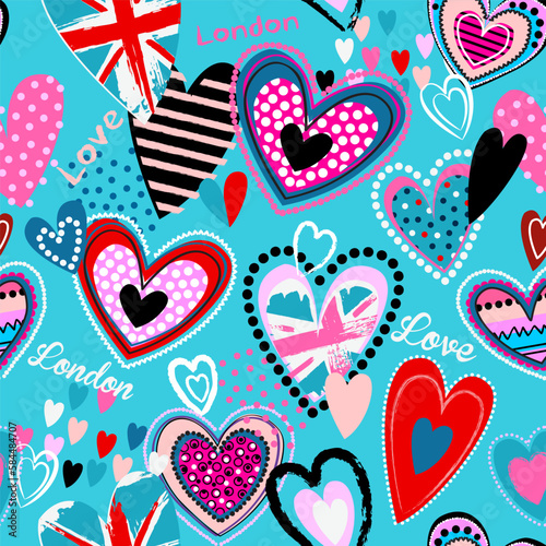 Cute abstract seamless pattern with elements british flag on heart. Pretty fashion girlish background. Girlish print with colorful dots