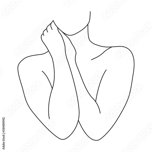 Woman holding hands line vector art illustration. Black and white. White background. Line drawing.