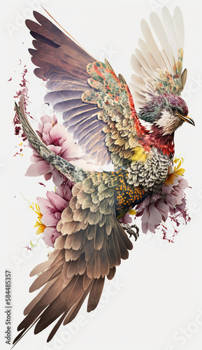 Flying rossignol bird with flowers. concept of Nature and Art, created with Generative AI technology photo