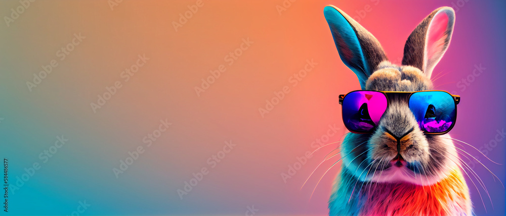 bunny with sunglasses on colorful background, generative ai