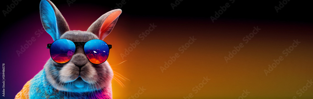 bunny with sunglasses on colorful background, generative ai