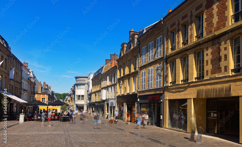 Charleville-Mezieres during daytime. Residential buildings along paved street. Ardennes department, Grand Est, northern France.