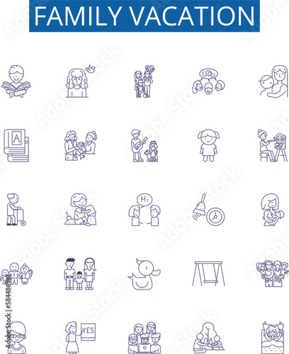 Family vacation line icons signs set. Design collection of Vacation, Family, Trip, Tour, Journey, Holiday, Adventure, Outing outline concept vector illustrations