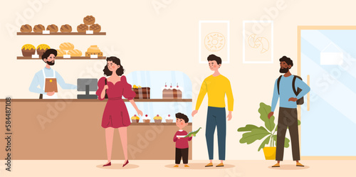 Bakery shop concept. Men and woman with children stand in line at cash register. Cashier sells cakes and pies, flour products. Small business owner or seller. Cartoon flat vector illustration