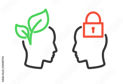 Growth mindset vs fixed mindset line icons. Clipart image isolated on white background