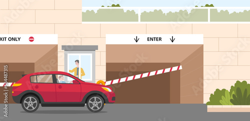 Car at parking entrance. Red transport near barrier. Scene with guard in booth opening gate. Vehicle passes through restrictive barrier into paid parking lot. Cartoon flat vector illustration