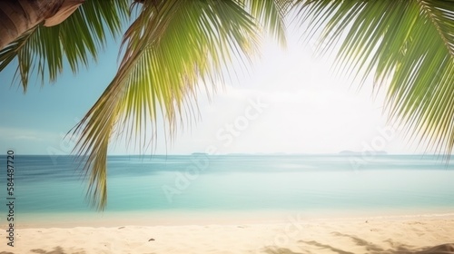 Beach with blurred Palm and tropical beach background, Summer vacation and travel concept. Copy space. Generative AI. © Pro Hi-Res