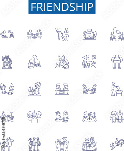 Friendship line icons signs set. Design collection of Bonding, Companionship, Alliance, Fellow feeling, Support, Fellowship, Unity, Affinity outline concept vector illustrations