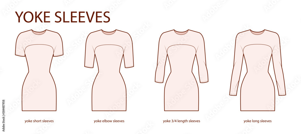 Set of Yoke sleeves clothes - long, short, 3-4, elow length technical fashion illustration with fitted body. Flat apparel template front side. Women, men unisex CAD mockup Set of Yoke sleeves clothes - long, short, 3-4, elow length technical fashion illustration with fitted body. Flat apparel template front side. Women, men unisex CAD mockup