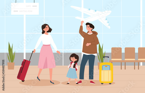 Happy family in airport. Man and woman with little girl traveling. Tourists on vacation in front of plane. People travelling by plane or aircraft, waiting for flight. Cartoon flat vector illustration