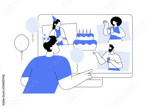 Online birthday party abstract concept vector illustration.