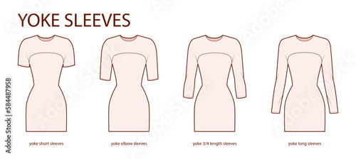 Set of Yoke sleeves clothes - long, short, 3-4, elow length technical fashion illustration with fitted body. Flat apparel template front side. Women, men unisex CAD mockup