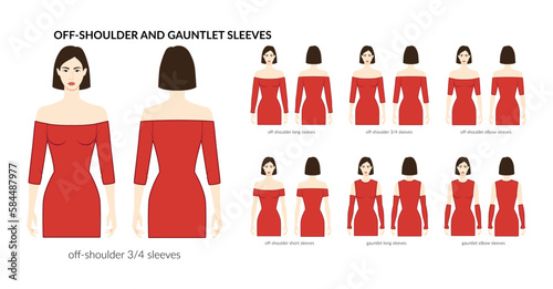 Set of Off-shoulder and gauntlet sleeves clothes long, short, elbow, 3-4 length technical fashion illustration with fitted body. Flat apparel template front, back sides. Women, men unisex CAD mockup