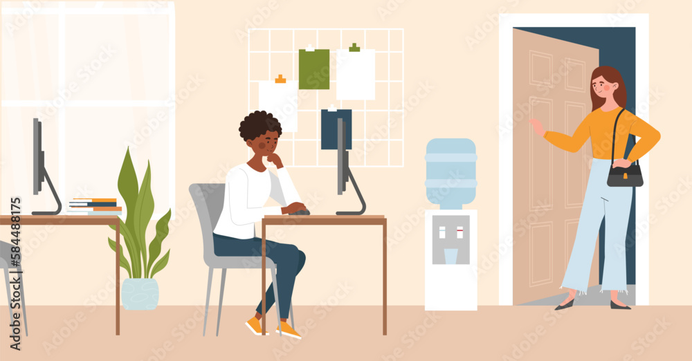 Person opens office door. Woman comes to workplace, organizing effective workflow. Workdays and routine. Worker exiting doorway, employee finish his job concept. Cartoon flat vector illustration