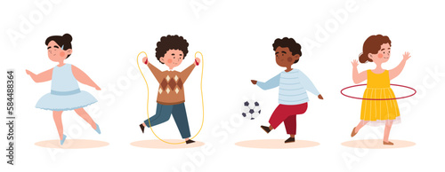 Set of kids sports activities. Ballerina girl, football player boy with ball, schoolboy with skipping rope and schoolgirl with red hoop. Cartoon flat vector illustrations isolated on white background