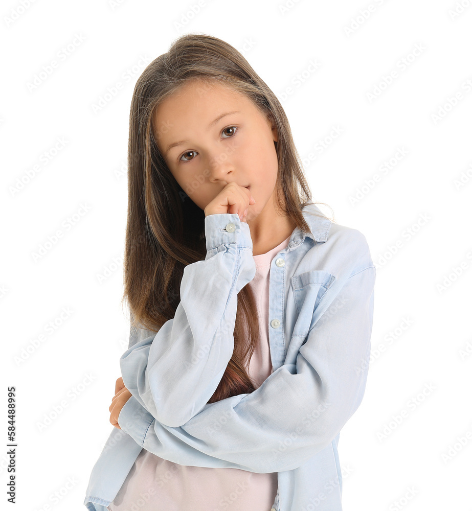 Little girl biting nails on white background Little girl biting nails on white background