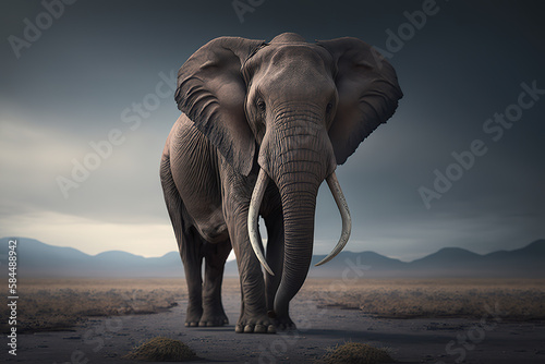 Elephant facing. Elephant with mahout in elephant village. elephants in nature large mammal in serengeti. Realistic 3D illustration. Based on Generative AI