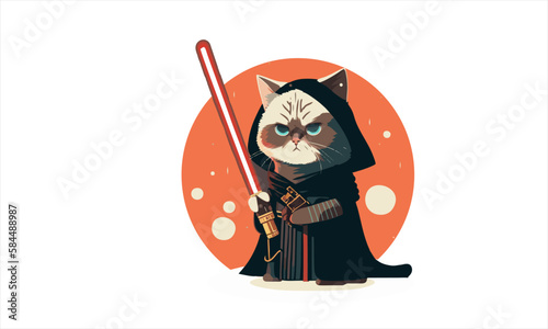 funny cartoon cat in the costume of the hero of the a fantastic film with sword vector illustration