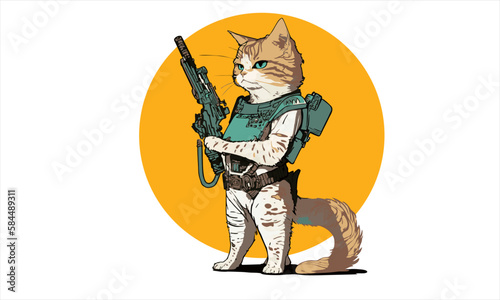 funny cartoon cat in the costume of the hero of the a fantastic film with space gun vector illustration 
