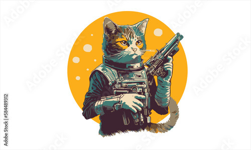 funny cartoon cat in the costume of the hero of the a fantastic film with space gun vector illustration 
