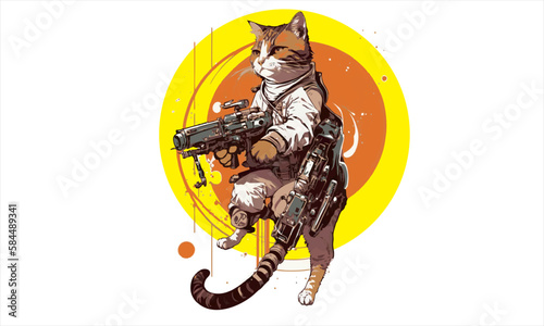 funny cartoon cat in the costume of the hero of the a fantastic film with space gun vector illustration 
