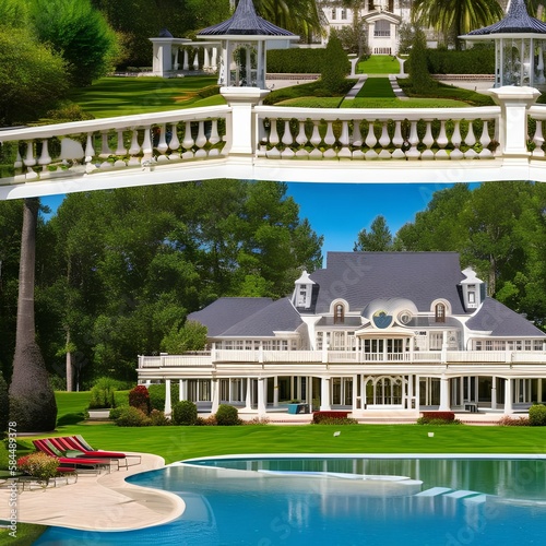 a regal-looking mansion with a stately gazebo on the perfectly-manicured front lawn2, Generative AI