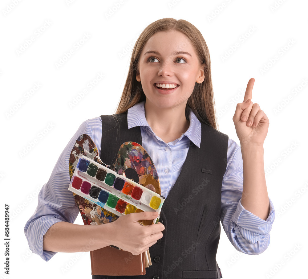 Drawing teacher with paint palette and books pointing at something on white background Drawing teacher with paint palette and books pointing at something on white background