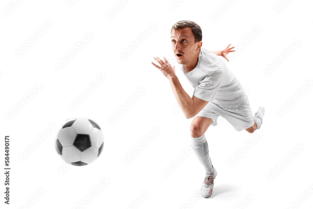 Soccer player in action. Soccer player running with the ball. Soccer. Professional player soccer player dribbles the ball for the winning goal. Isolated