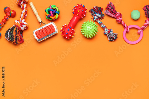 Set of different pet toys and grooming brush on color background