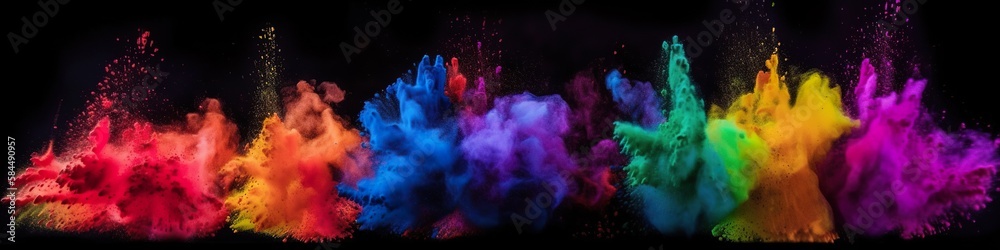 Fototapeta premium Panoramic banner with holi powder explosions, vibrant colors, multicolor, abstract AI generative panorama