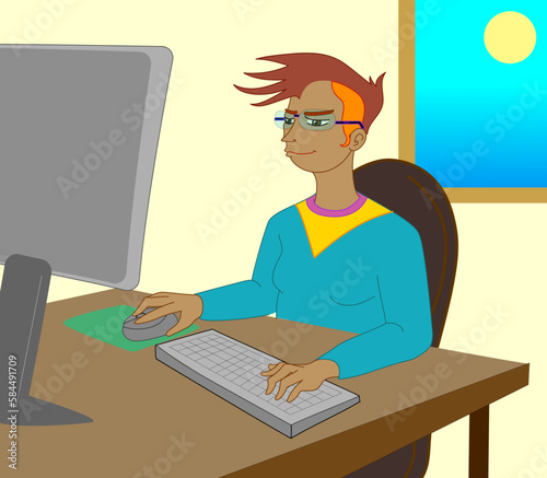 A queer woman with glasses working happily on her computer as a programmer.