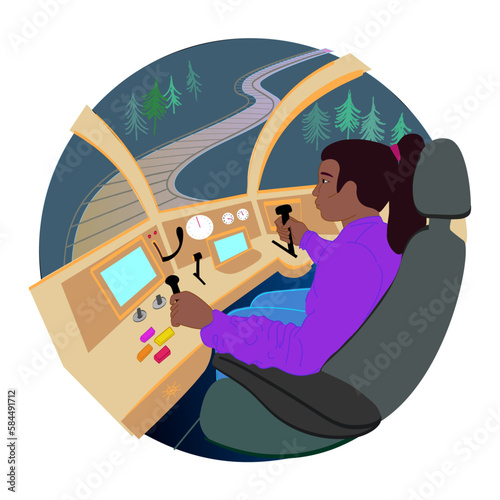A woman driving a train at night
