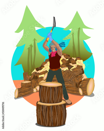 A woman lumberjack chopping a large log of wood with an axe in front of a pile of cut wood