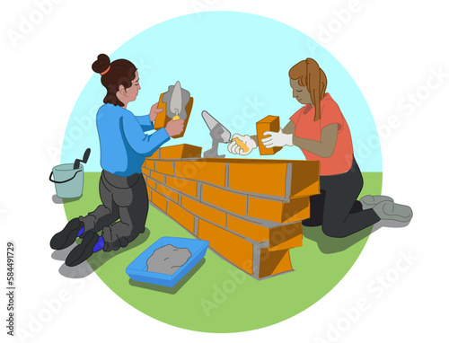 Two women building a brick wall, female builders.