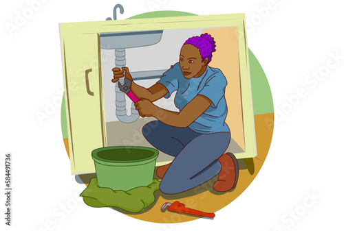 Woman plumber fixing a malfunction in the kitchen sink.