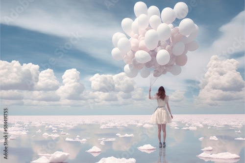 Romantic and dreams theme, a girl in white dress is walking in the sky, holding dozens of white balloons. AI image