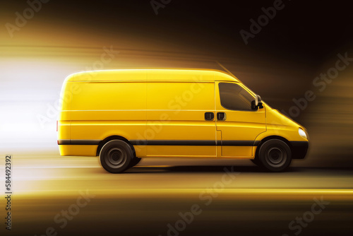 A delivery van with glowing lights and fast motion blur. Generative ai