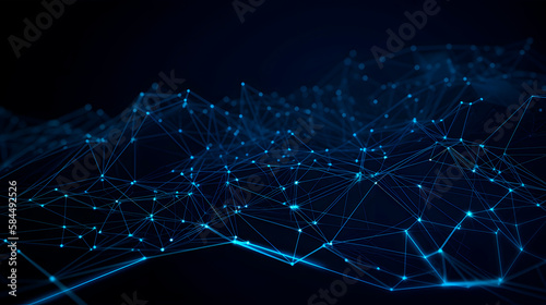 Abstract digital background with binary code flowing through a network of interconnected nodes